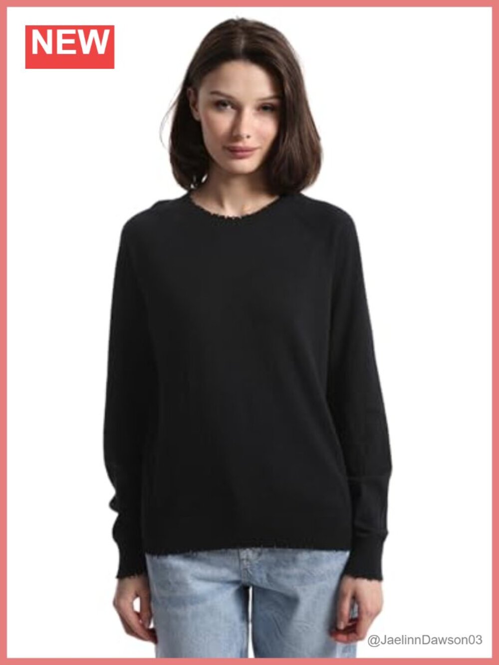 Womens Long Sleeve Cotton Cashmere Frayed Edge Crew Sweater Relaxed Fit